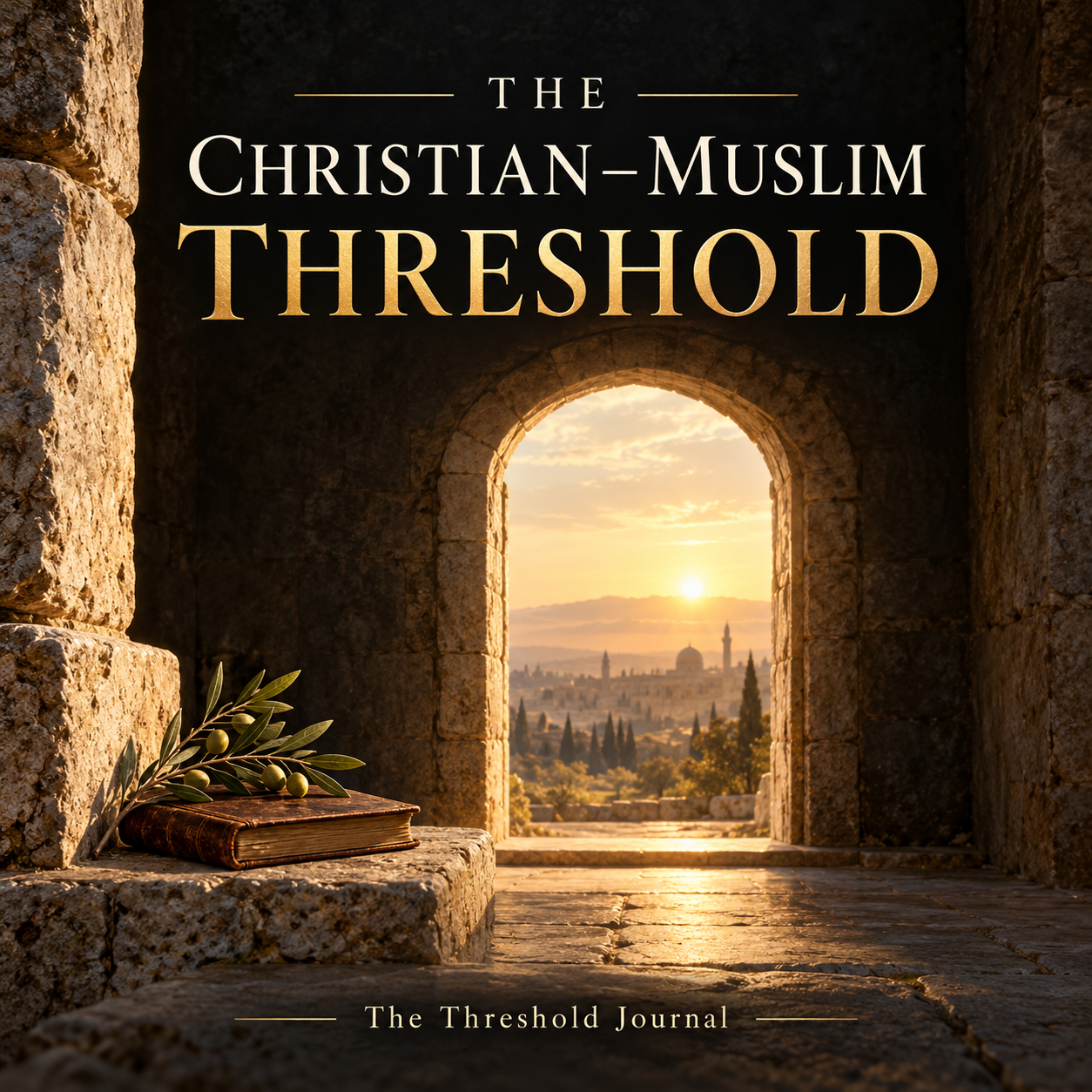 The Christian–Muslim Threshold cover: an open stone arch, a book and an olive branch overlooking a symbolic city at dawn