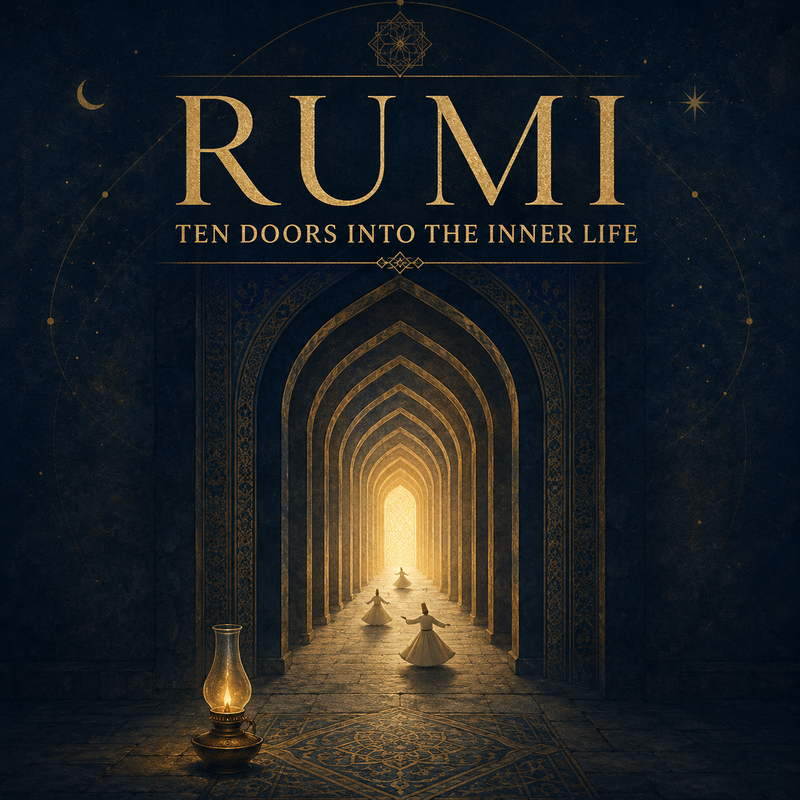 Cover art for RUMI: Ten Doors into the Inner Life, showing whirling dervishes in a golden archway