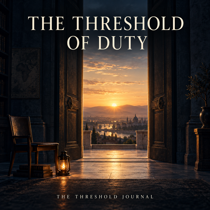 Cover art for The Threshold of Duty, showing an open doorway looking out over a sunlit city